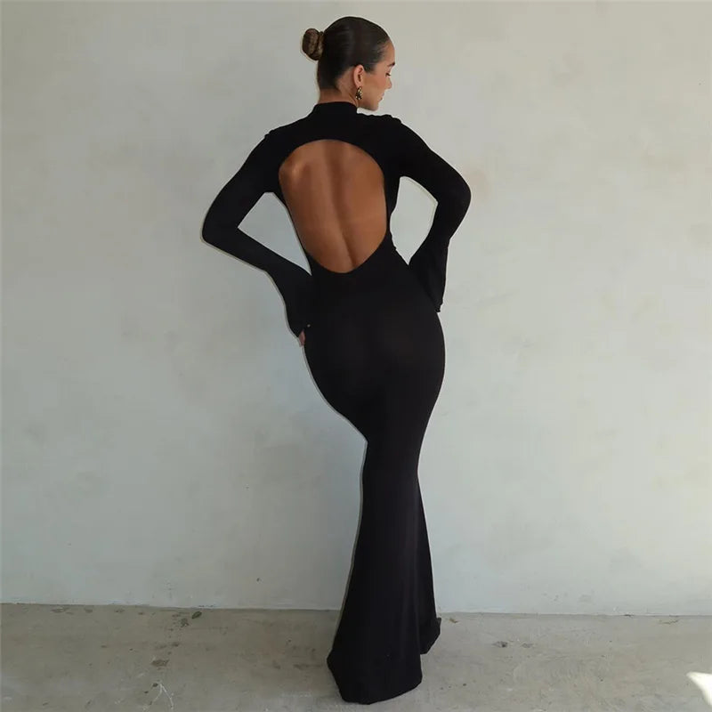 Autumn Winter Backless Sexy Party Club Black Bodycon Maxi Dresses Outfits for Women Long Sleeve Y2K Dress Vestido Streetwear New - Seprincess