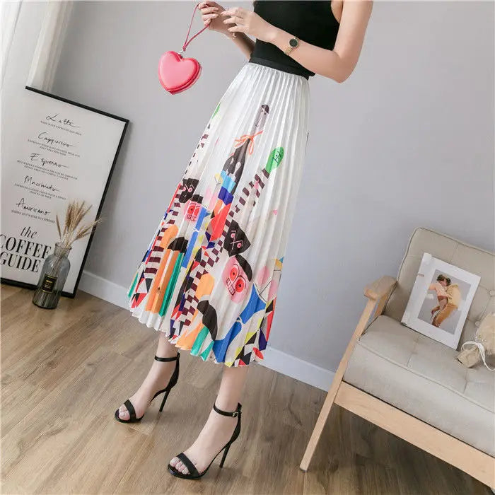 Pleated Skirt Women Summer 2022 New  Print Cartoon Pattern  Elastic Women Skirt Big Swing Party Holiday High Waist Skirts