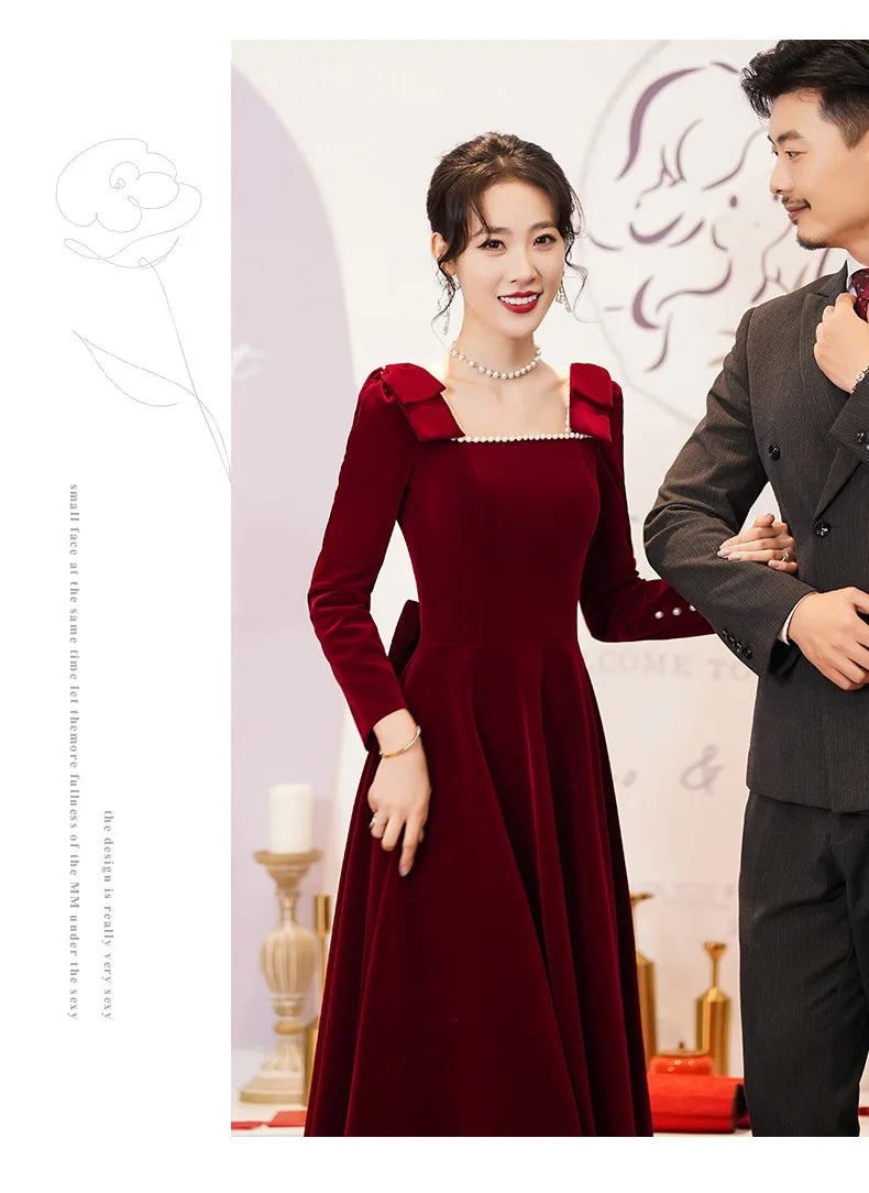 Burgundy Velvet Evening Dress Elegant Beaded Square Collar Engagement Dresses Temperament Bow Long Sleeve Formal Banquet Gown - Seprincess