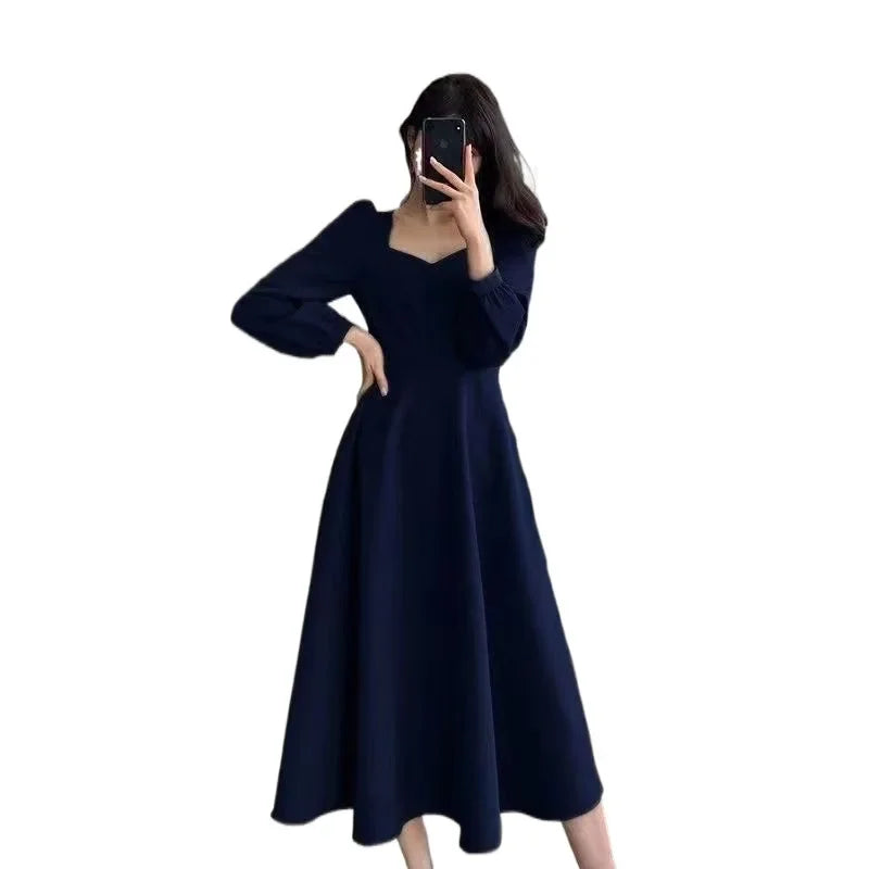 Spring 2022 New Vintage V-neck Long Black Dress Women's Elegant Legging Dress Hebon Style - Seprincess