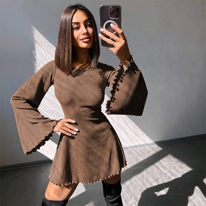 Sexy Dresses Nightclub Mini Short Party Dress Women Back Bandage O Neck A Line Flare Sleeves Autumn Vestidos Ladies Fall Robe - Seprincess