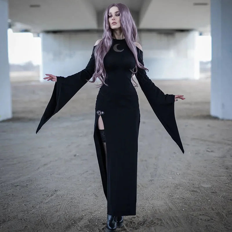 Gothic Dark Witches Clothes Halloween Cosplay Women Witchcraft Moon Dress Trumpet Sleeve Outfits Costumes - Seprincess