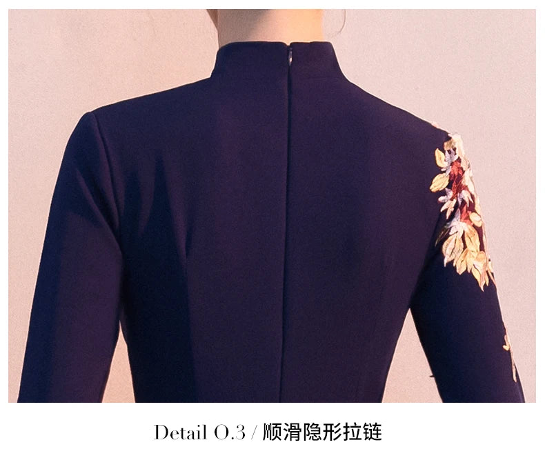 Women Chinese Long Qipao Evening Party Dress Embroidery Applique Vestidos Pleated Dress Elegant Long Sleeve Cheongsam Prom Dress - Seprincess