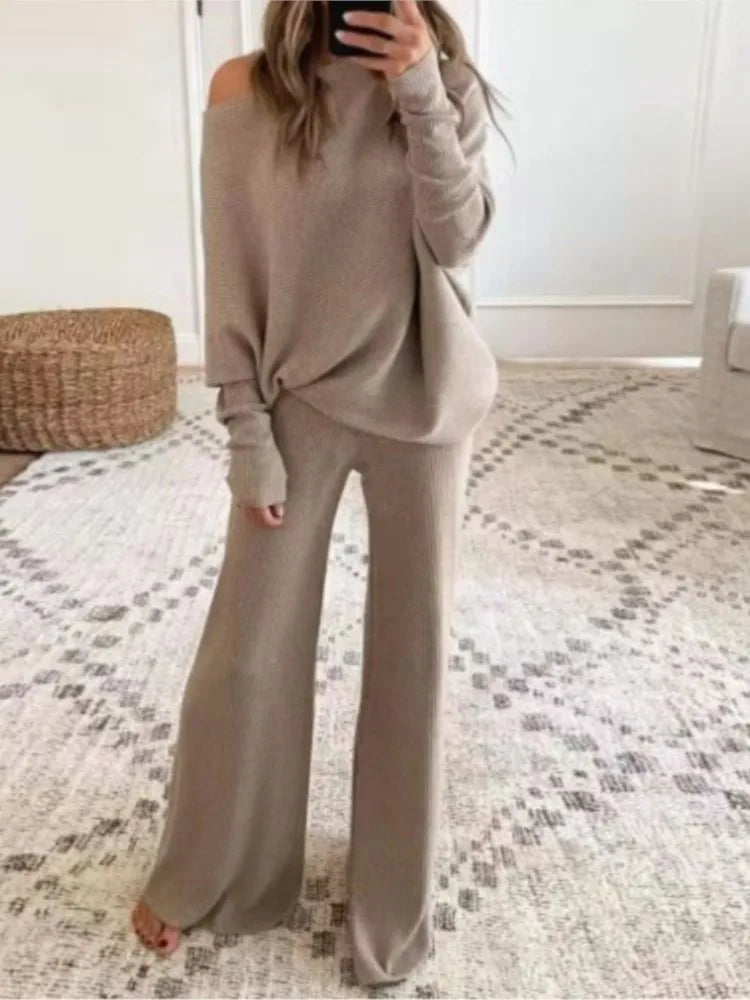 Fashion Long-sleeved Bateau Collar Top + Wide-leg Pants 2-piece Set Women Elegant Autumn Solid Color Knitted Loose Suit Female - Seprincess