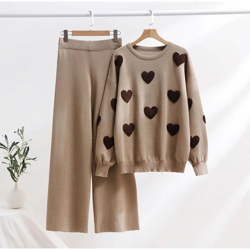 Casual Knitted Sweater Long Pants Woman's Set Loose Love Printed Pullover Sweaters High Waist Pant Sets Female Chic Outfits - Seprincess