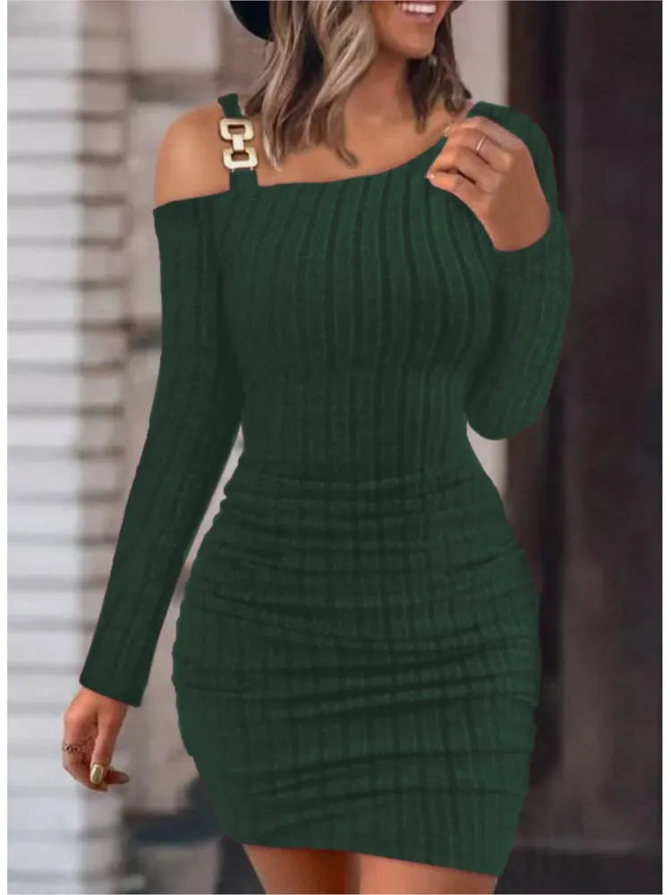 Sexy Chain Off Shoulder Mini Dress Women Autumn Fashion Bodycon Long Sleeve Dresses For Women Winter Skinny Knitted Vestidaos - Seprincess