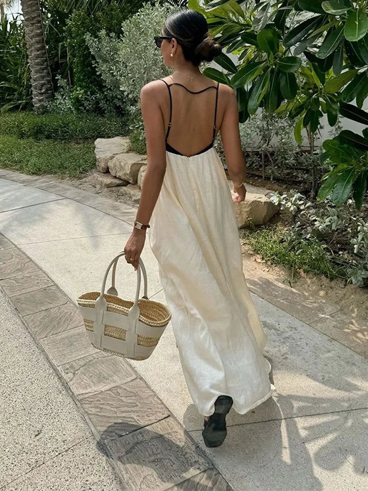 Contrast Splicing Loose Sling Long Dresses Women Square Collar Sleeveless Backless High Waist Dress 2024 Summer Lady Street Robe - Seprincess