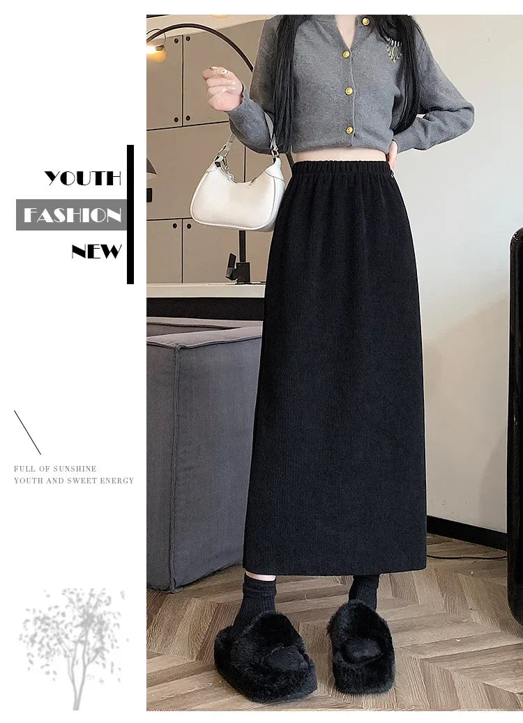 Thickened Fleece-Lined Corduroy Skirt Women's Autumn/Winter 2024 New Medium-Length A- Line Skirt With Side Slit High-Waisted