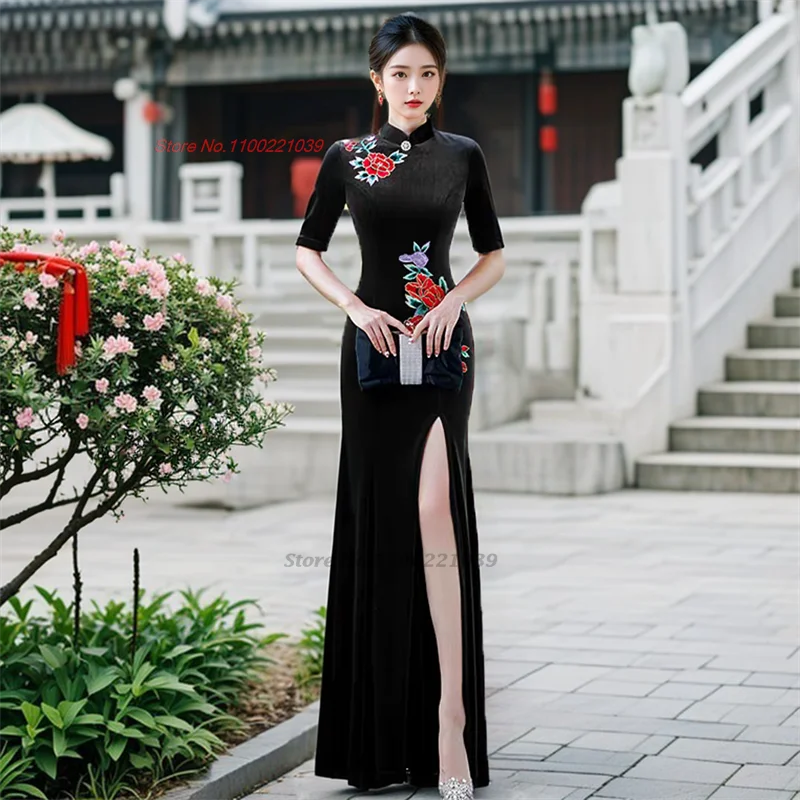 2024 chinese vintage qipao velvet dress mandarin collar improved cheongsam flower embroidery evening banquet qipao folk dress - Seprincess