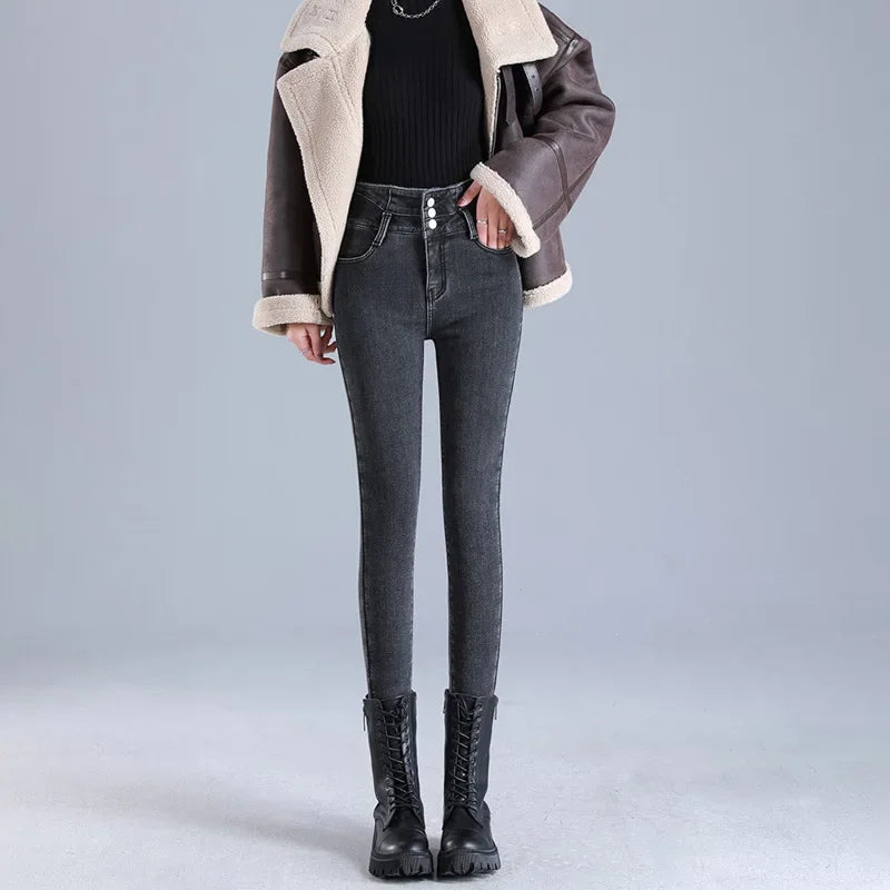 2023 Winter New Women's High-Waisted Elastic Korean Style Slimming Thickened Warm Fleece-Lined Jeans Outer Wear Small Foot Trous