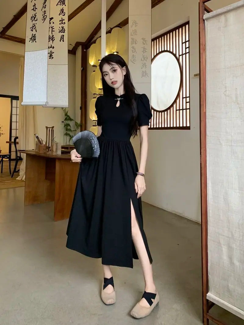 New Chinese Style Improved Cheongsam Dress New Summer Qipao Temperament Black Large Swing Split Midi Qi Pao Dress Woman - Seprincess