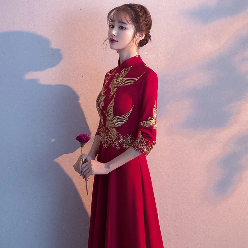 Women Elegant Mandarin Collar Bridal Wedding Dress Sexy Slim Front Split Novelty Cheongsam Exquisite Appliques Trim Long Qipao - Seprincess