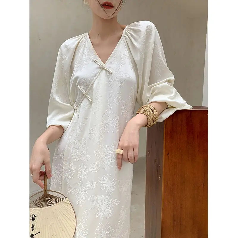 2024 new chinese style women cheongsam dress V-neck long sleeved dress for women  autumn lady graceful sexy cheongsam dress - Seprincess