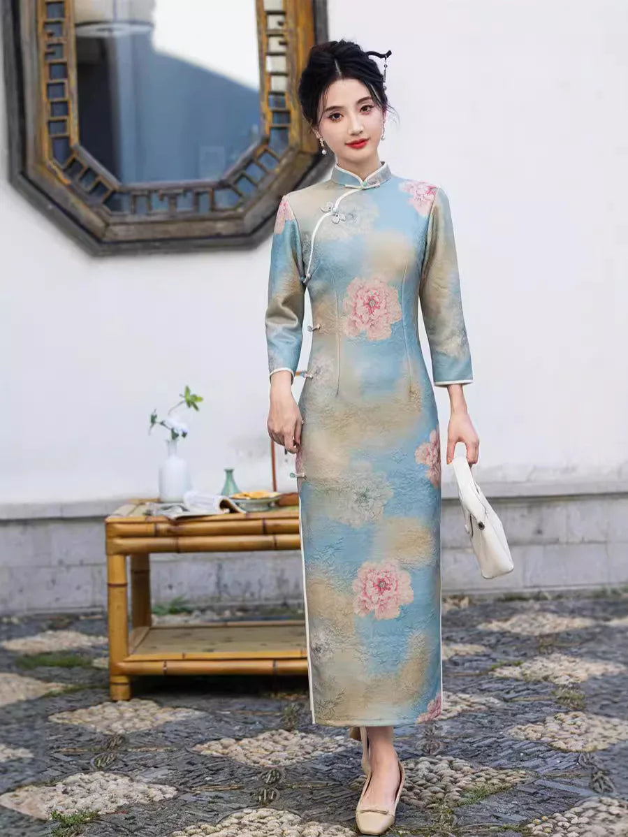 2024 Autumn New Printed Long Cheongsam Slim Fit Seven Quarter Sleeve Women's Cheongsam Qipao Dress - Seprincess