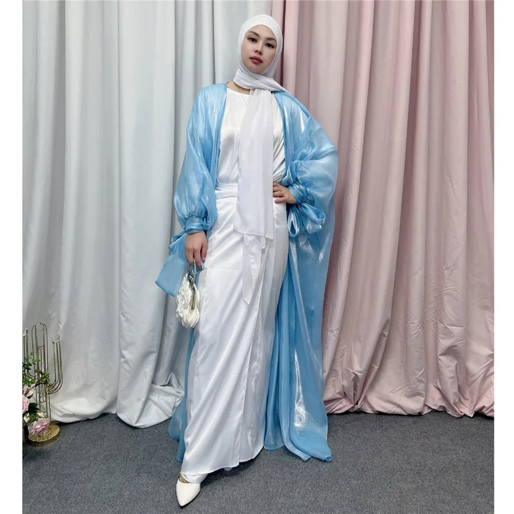 Shiny Satin Open Abaya Dubai Kaftan Women Muslim Kimono Cardigan Islamic Puff Sleeve Caftan Maxi Dress Robe Gown Turkey Jalabiya - Seprincess