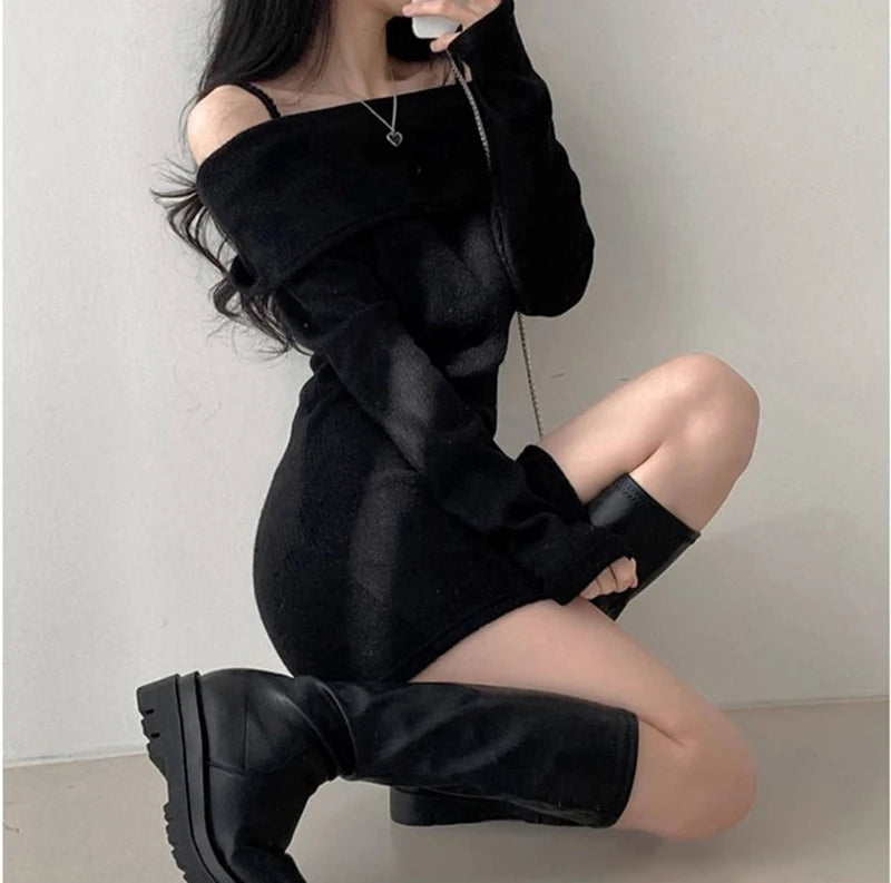 Y2K Women Knitted Mini Dress Korean Sexy Off Shoulder Female Dress Spring New Spaghetti Strap Long Sleeve Ladies Vestidos - Seprincess