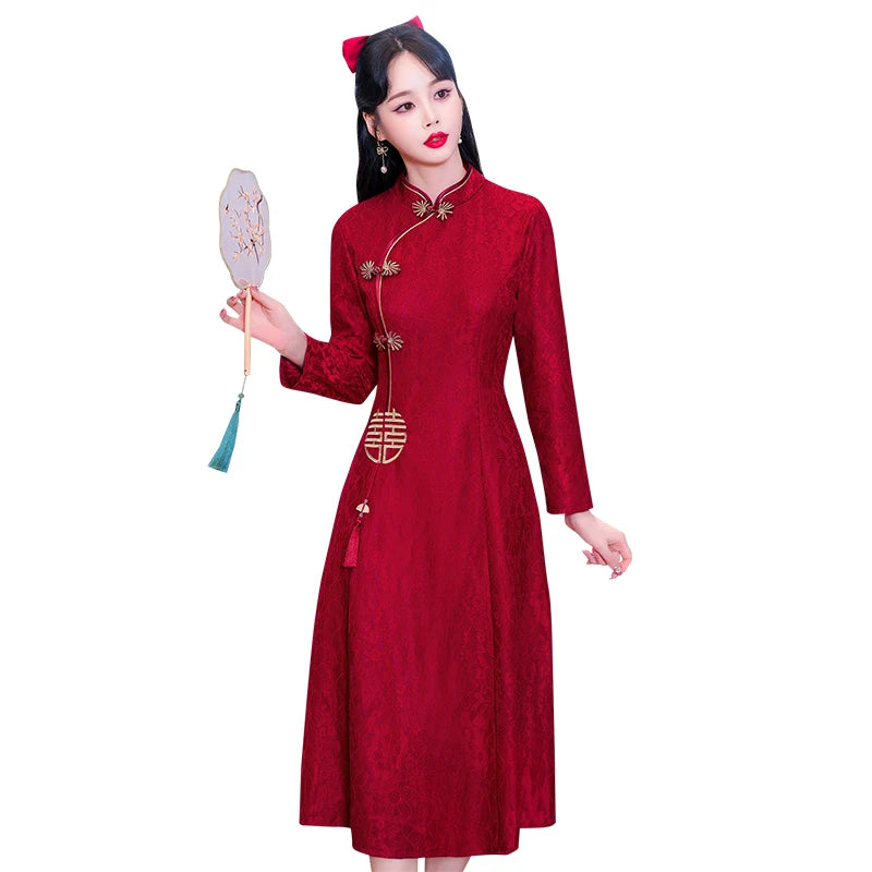 Retro Chinese Traditional Red Wedding Qipao Dress Modern Improved Long Sleeve Embroidered Cheongsam Plus Size Women Clothing CNY - Seprincess