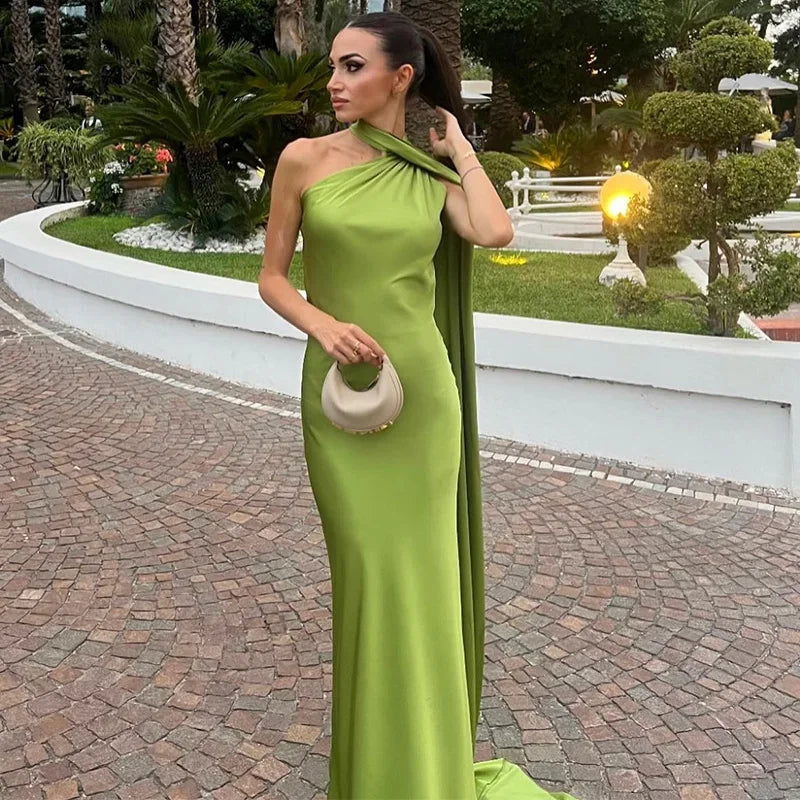 Elegant Satin Halter Slim Long Dress With Scarf Women New Sexy Backless Sleeveless Maxi Dresses Summer Lady Party Chic Vestidos - Seprincess