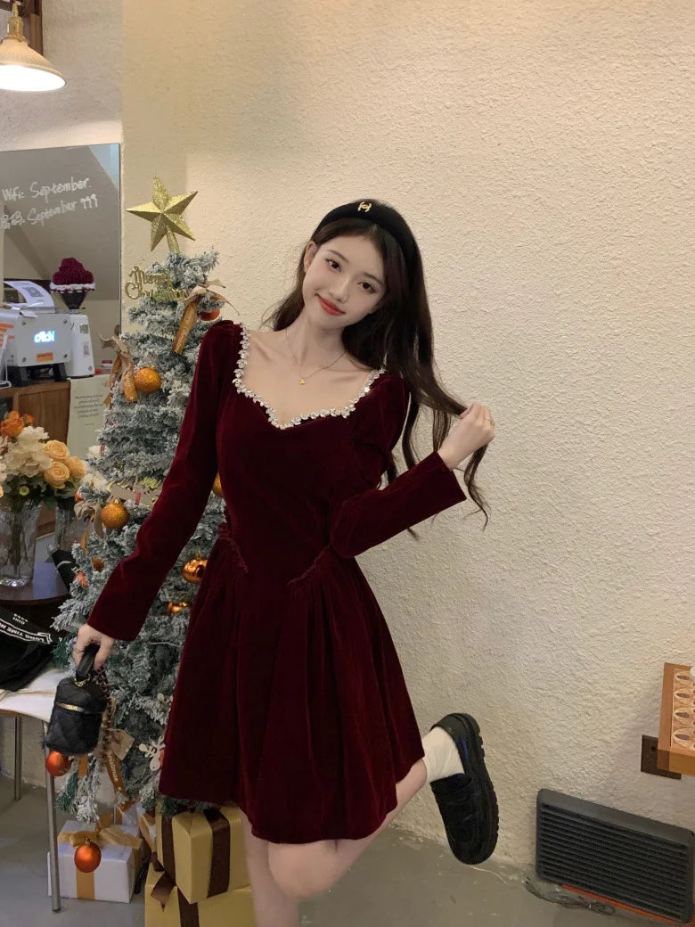 Woman's Party Evening Engagement Velvet Dress Black Vintage Prom Birthday Red Dress Long Sleeves Formal Christmas Clothing Robe - Seprincess