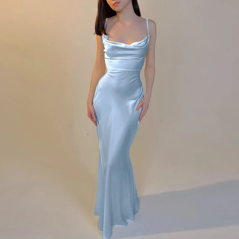 Elegant White Satin Long Dress For Women Bandage Bodycon Backless Maxi Dress Sexy Spaghetti Strap Mermaid Evening Party Dresses