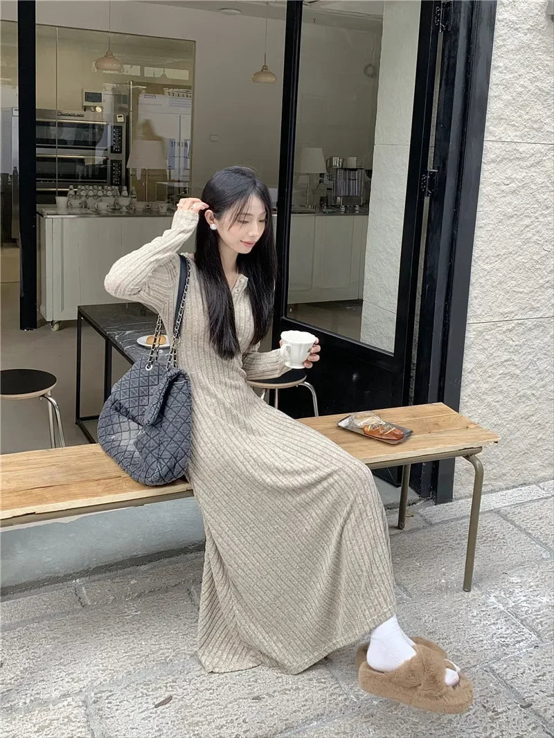 Vintage Versatile Knitted Long Sleeve Dress Women's Slimming A- line Skirt Autumn/winter Waist-fitted Long Dress - Seprincess