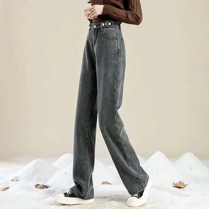 Autumn/winter Deep Color Wide-leg Fleece-lined Warm Jeans Women's Outerwear Slimming Loose-fit Straight-leg Model Pants