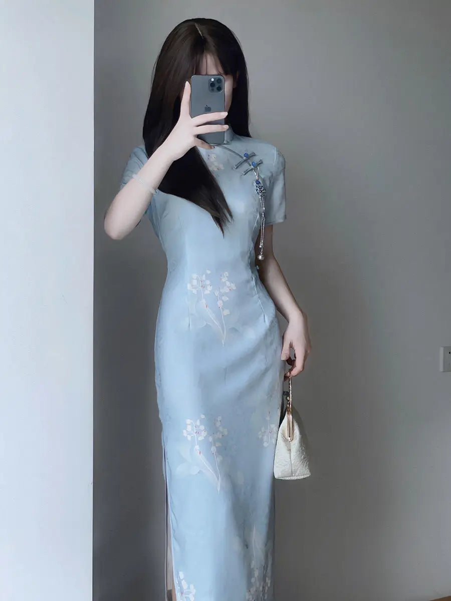 2024 Summer Cheongsam Improved Elegant Qipao Daily Slim Fit Blue Gentle Comfortable Qipao Long Vintage Dress - Seprincess