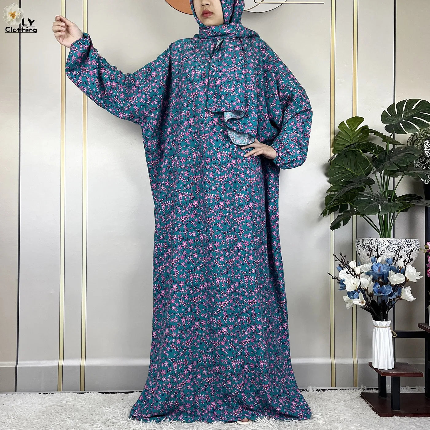 2024Latest Muslim Abayas For Women Ramadan Prayer Maxi Dubai Turkey Femme Cotton Robe Floral Loose African Dress Turban Attached