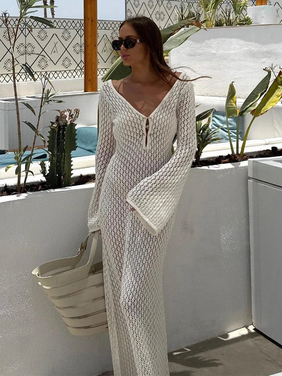 Sexy Women Long Knit Beach Dress Hollow-Out Deep V-Neck Long Sleeve Bikini Cover-Ups Dress Fall Backless Holiday Dress - Seprincess