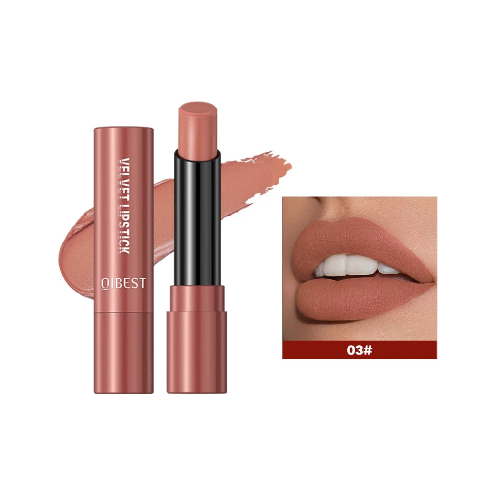 QIBEST Nude Lipstick Matte Lip Gloss High Pigment Makeup Classic Sexy Lipgloss Non-Stick Cup Long Lasting Red Lip Tint Cosmetics