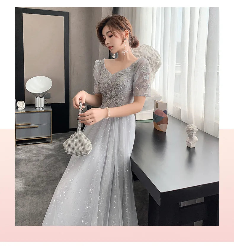 Grey Bridesmaid Dresses Elegant Women Applique Off The Shoulder Floor Length Tulle Wedding Party Dress Formal Prom Gowns - Seprincess