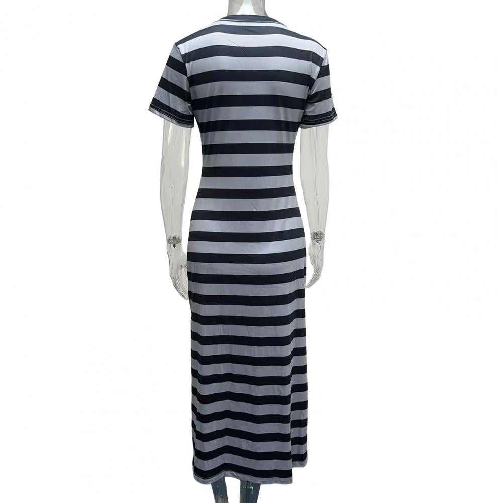 Summer Dresses 2023 Woman Plus Size Dresses For Women Casual Stripe Print V-neck Short Sleeve Loose Long Dress Robe Femme - Seprincess