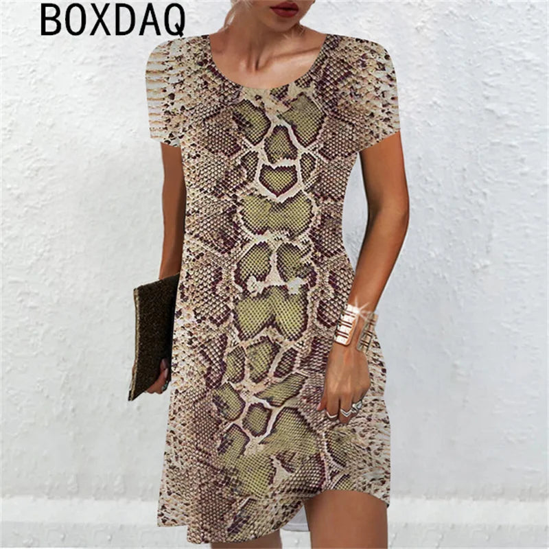 3D Sexy Snake Print Mini Dress Big Size Women Sexy Short Sleeve O-Neck Loose Dress Summer Beach Party Dress Sundress Vestidos - Seprincess