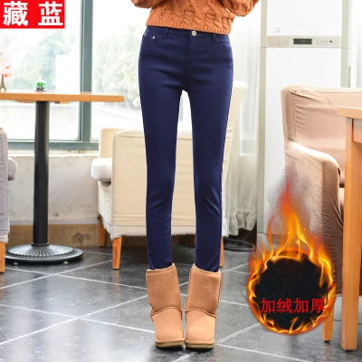 Korean Fashion Velvet Stretch Skinny Pant Women Mid Waist Warm Vaqueros Office Fleece Trousers Candy Colors Thick Winter Jeans