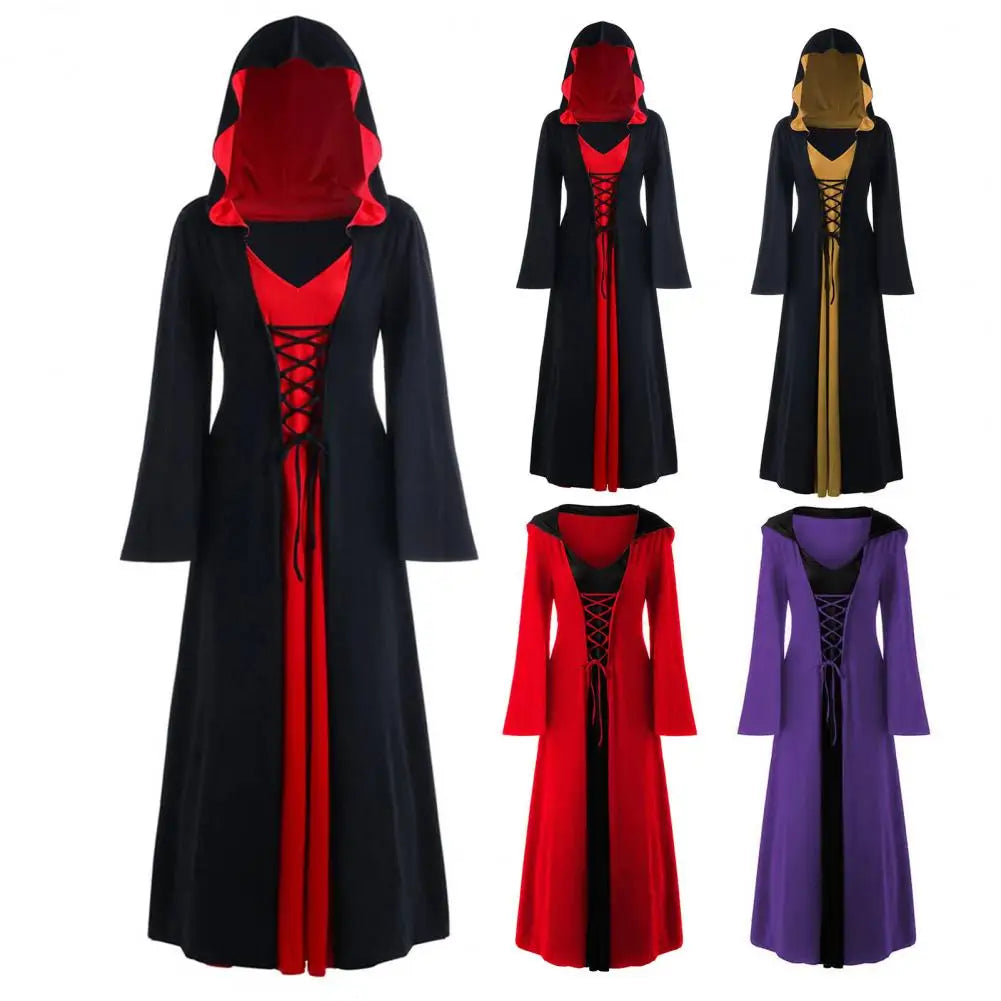 Women Halloween Dress Halloween Party Outfit Dark Style Halloween Witch Costume with Lace-up Strap Hood Long Horn for A-line - Seprincess