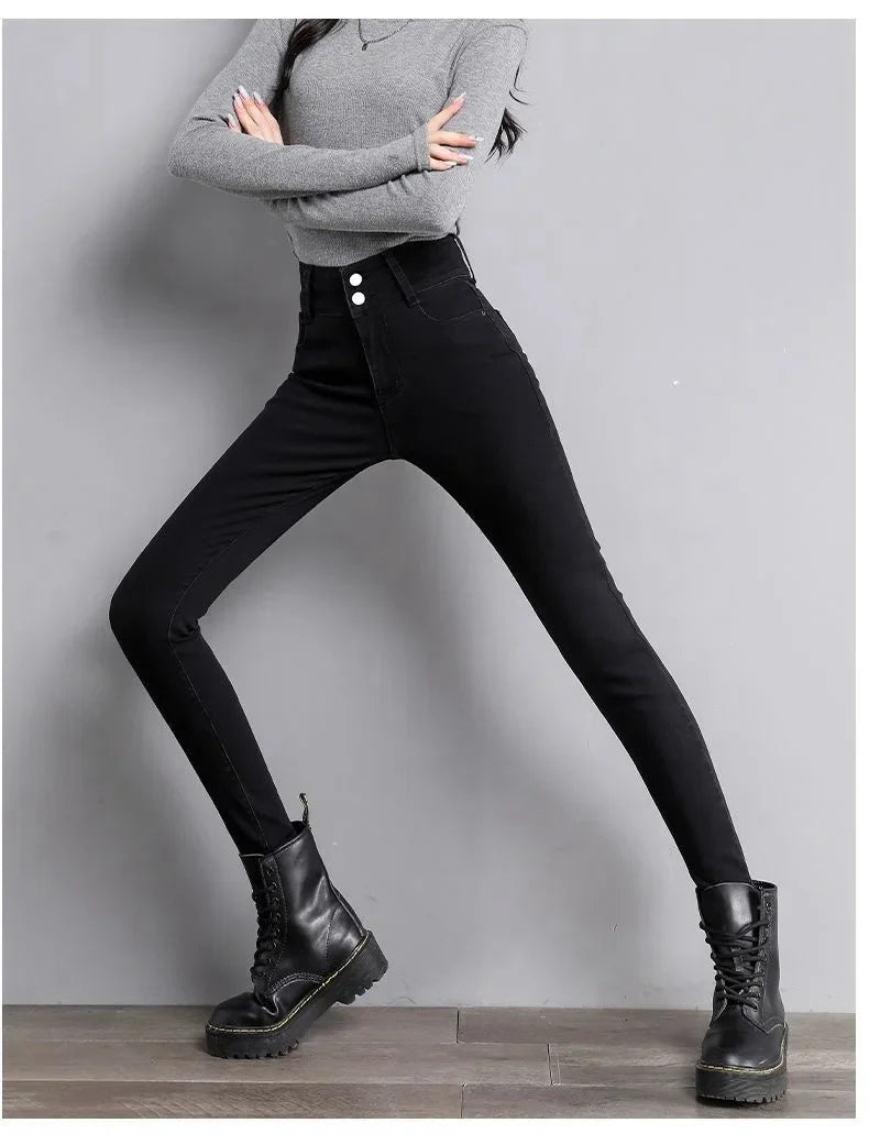 Thickened Fleece-Lined Warm High-Waisted Slimming Jeans Women's Elasticity Tightening Outerwear Versatile Stretchy Little Shorts