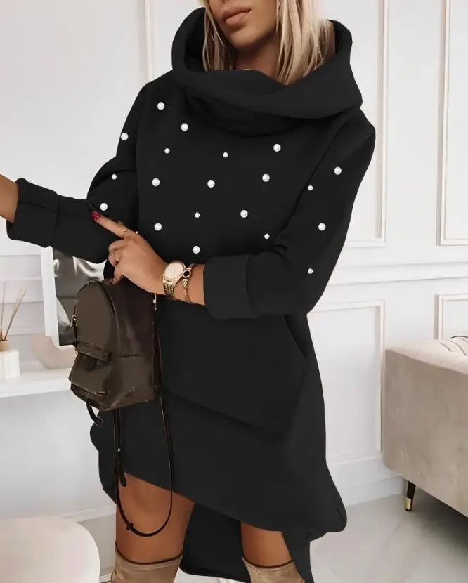 Elegant Dresses for Women Beaded Hooded Casual Sweatshirt Dress 2023 Autumn Winter Spring Fashion Casual Female Clothing - Seprincess