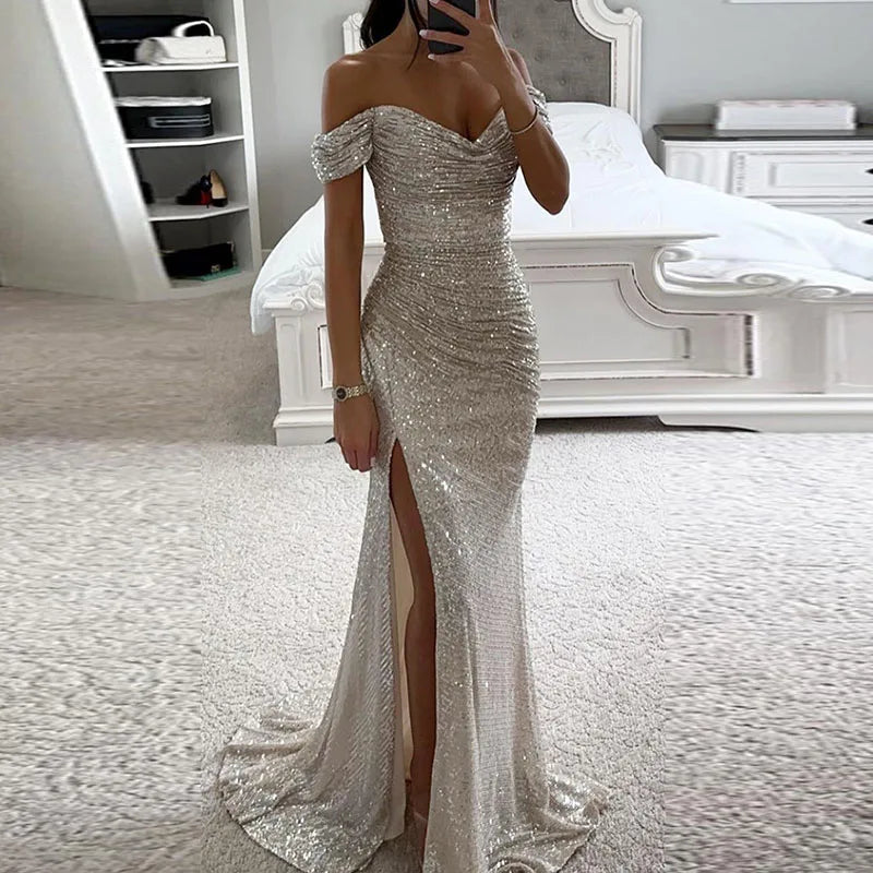 Women Elegant High Slit Cocktails Dress New Lady Party Banquet Slim Sequin Maxi Dress Sexy Slash Neck Glitter Floor-Length Dress - Seprincess