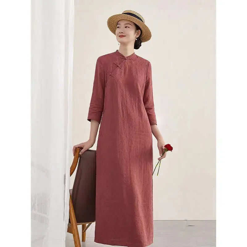 Spring summer chinese loose dress cheongsam half sleeve qipao Daily cotton linen qipao robe chinoise vestido zen tea dress - Seprincess