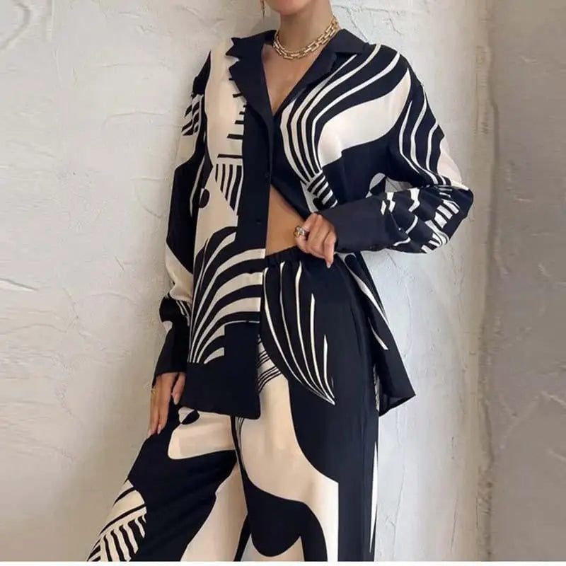 Casual Print Shirt Women 2 Piece Set Elegant Loose Long Sleeve Shirts Wide Leg Pants Female Suit 2023 Summer Fashion Lady Outfit - Seprincess