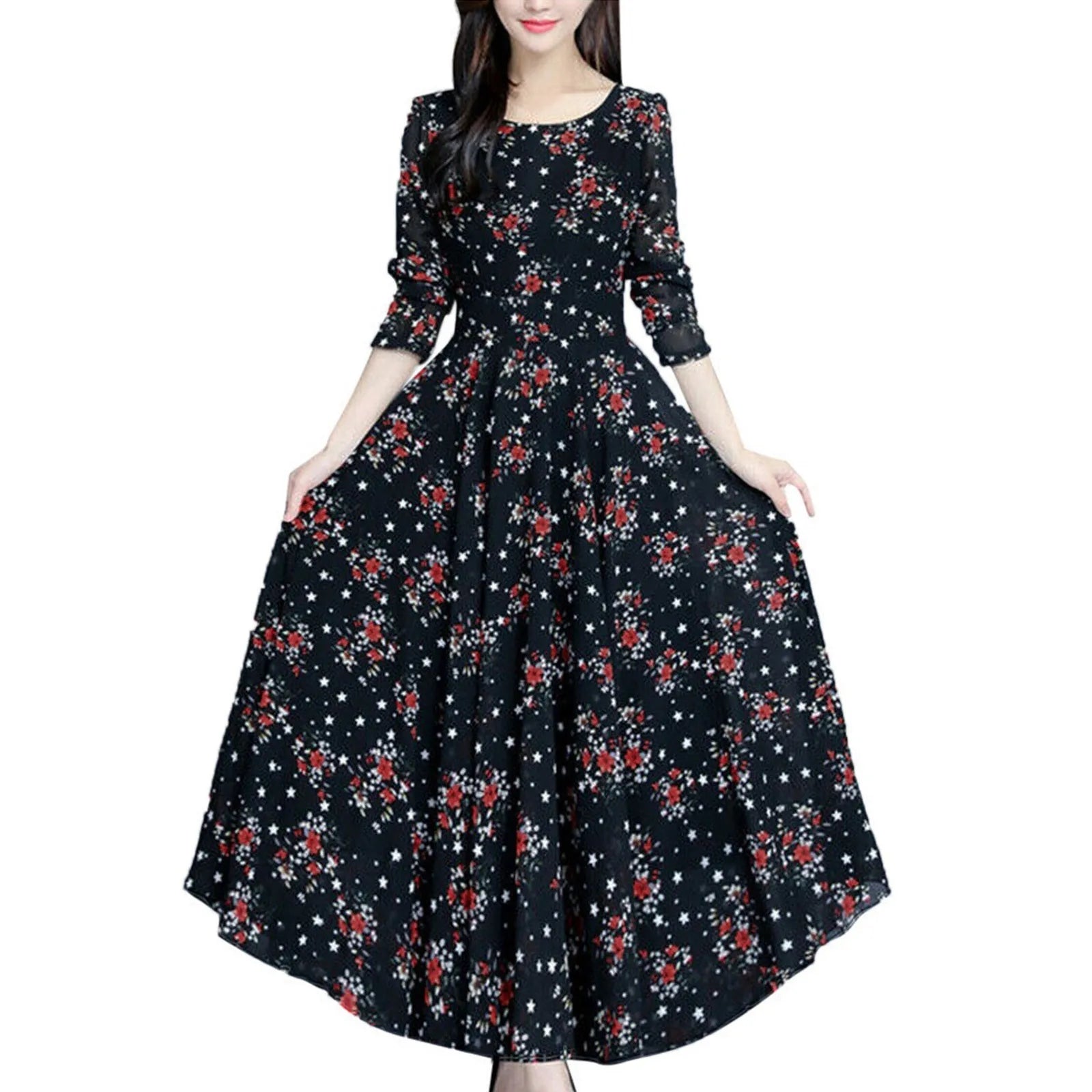 2024 Women's Casual Dress Elegant Female Loose Midi Dress Long Sleeve Floral Print Summer O Neck Dress 2024 Bohemia Clothing - Seprincess