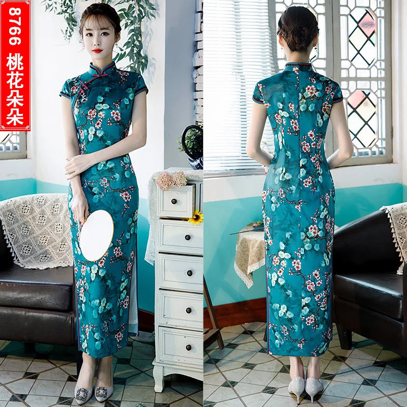 Summer Lady Short Sleeve Qipao Chinese Traditional Women Party Dress Female Elegant Print Vintage Button Cheongsam - Seprincess