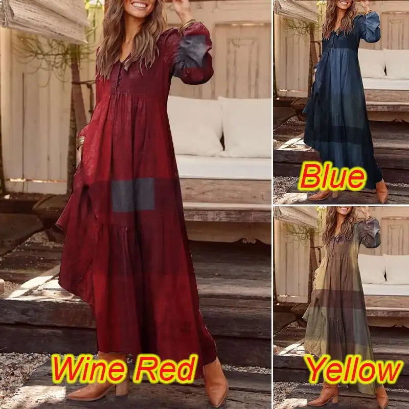 ZANZEA Autumn Long Puff Sleeve Maxi Dress Women Vintage Tiered Plaid Long Robes Fashion Cotton Linen V Neck Vestido Casual Dress - Seprincess