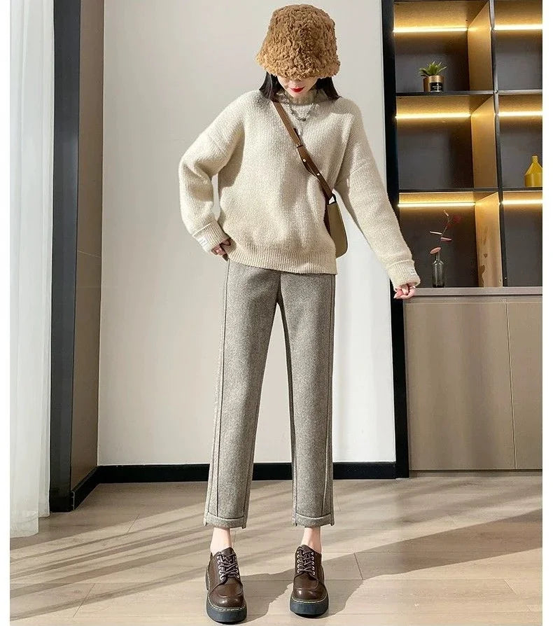 Winter Woolen Pants for Women Thicken Warm Ankle-Length Harem Pants Office Lady Khaki Elastic Waist Fashion Women's Trousers