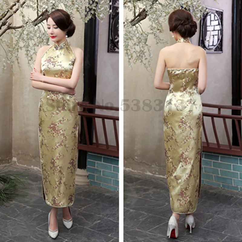 Plus Size 3XL Qipao Sexy Backless Sleeveless Cheongsam Retro Classic Brocade Chinese Vestidos Traditional Printed Flower Dress - Seprincess