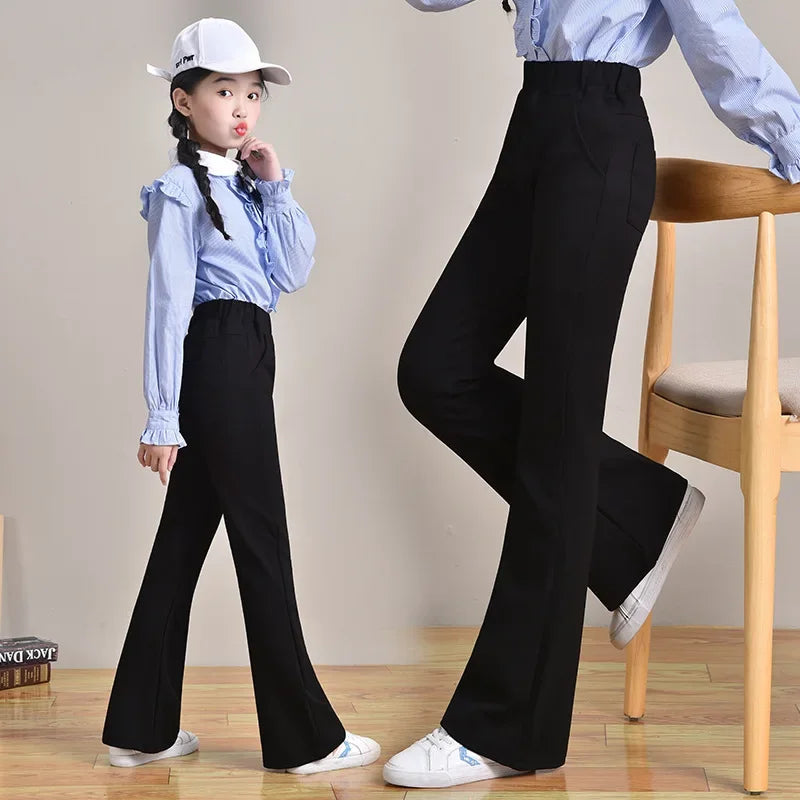 Fashionable Black Bell-bottom Kids Pants For Girls Spring/autumn Outerwear Style Children's Trousers Stylish Children's Pants