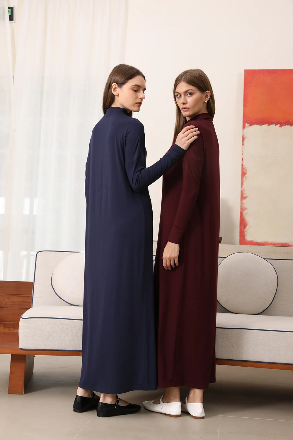 AP 2025 Autumn Women Modal Maxi Dress Mock Neck Lady Loose Style Clothing Batwing Sleeve Soft and Elegant - Seprincess