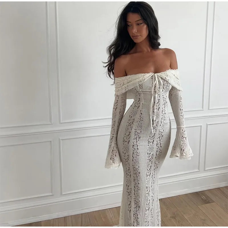 Vintage Cream Floral Lace Off Shoulder Maxi Dress Fashion Flare Long Sleeve Hollow Out Slim Dresses 2024 Elegant Lady Party Robe - Seprincess