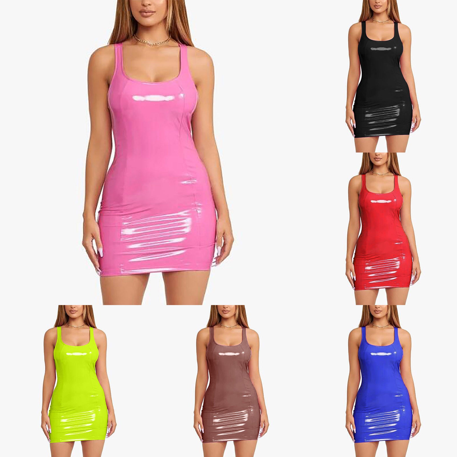 Multicolour Sexy Pink PU Leather Bodycon Party Club Dresses Vestido Women Sleeveless Low Cut Back Zipper Elastic Mini Dress - Seprincess