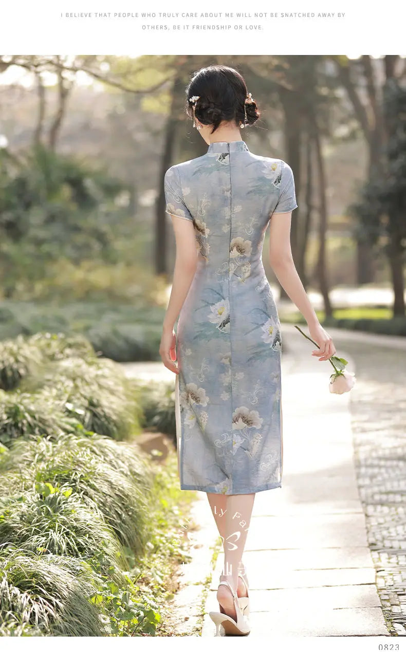 Simple Elegant Slim Qipao Women Vintage Floral Style Cheongsam Traditional Short Sleeve Young Girl Chinese Dress Modern New - Seprincess